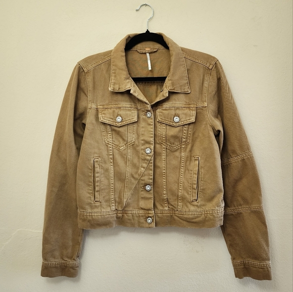 Free People Brown Denim Jacket Warm Sands Size Small Boho Rumors Jacket - Picture 2 of 11